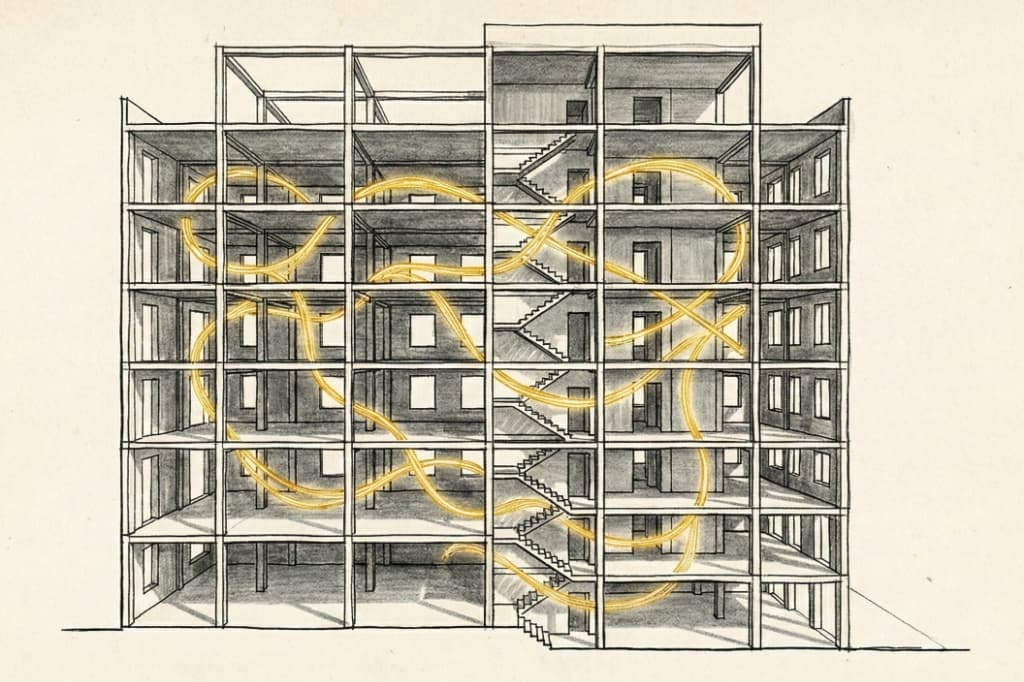 Architectural sketch showing the Golden Thread weaving through a building